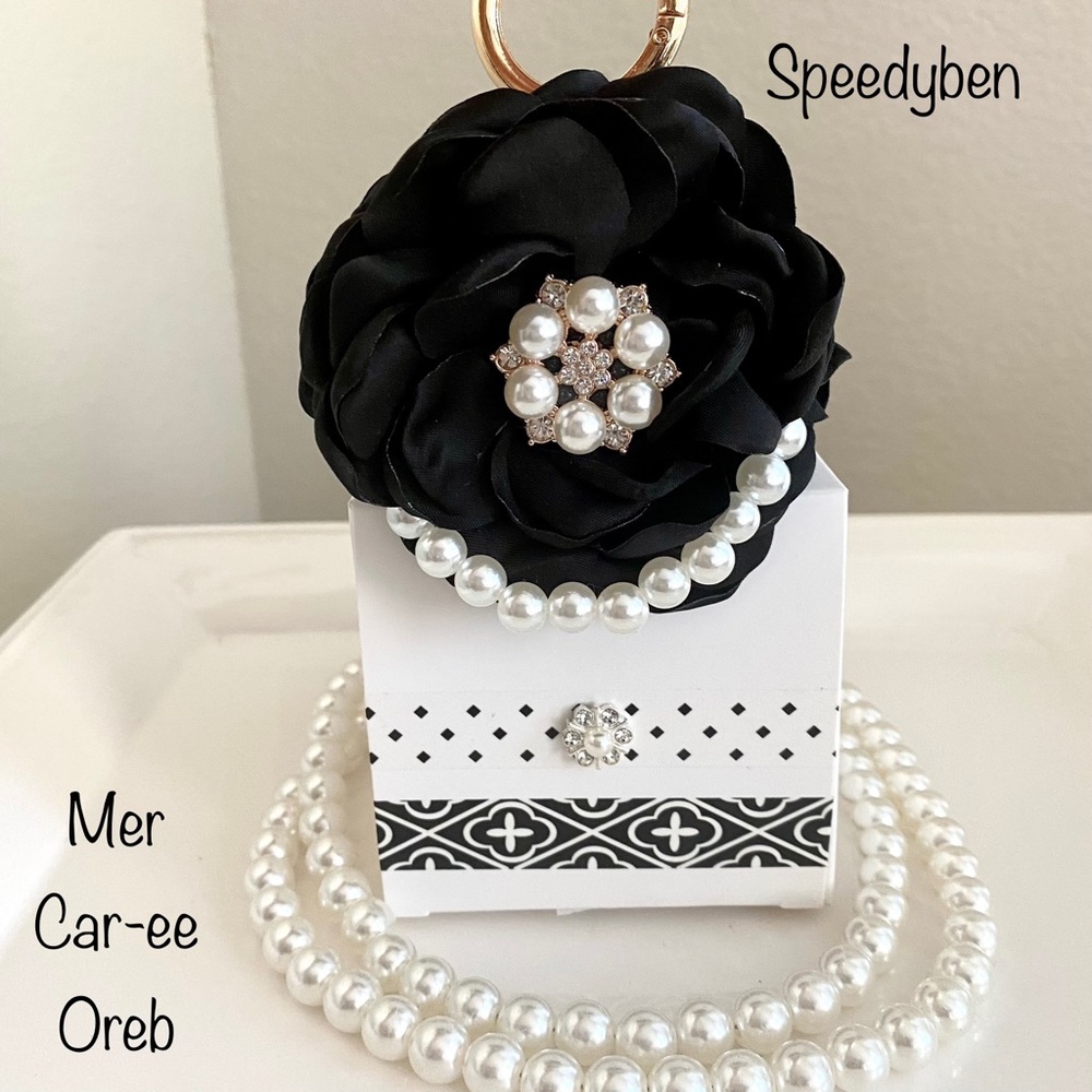 Black Satin Floral Pearl Bag Charm/Keychain